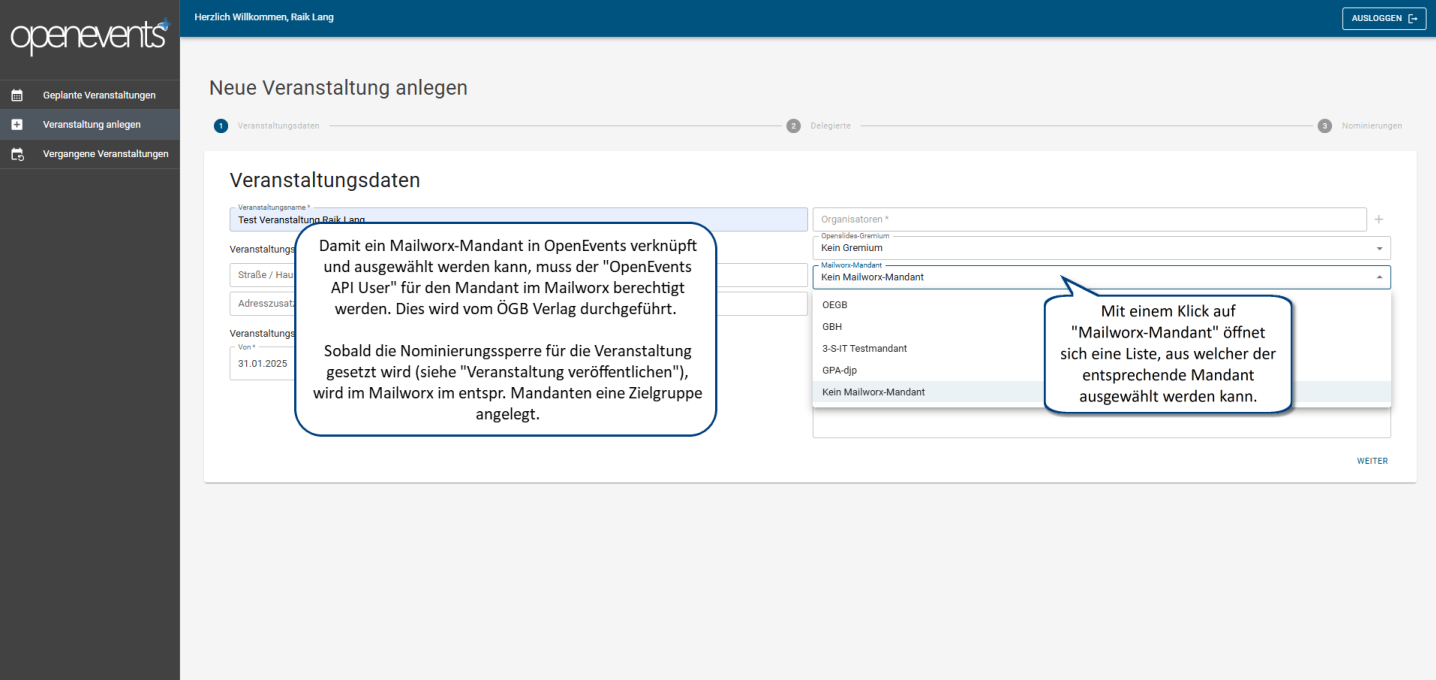 Veranstaltungsdaten im dreistufigen Assistenten
