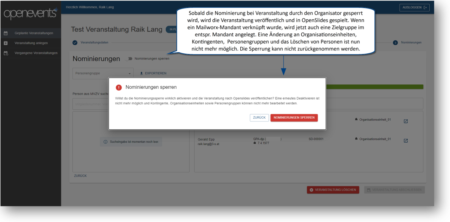 Veranstaltung veröffentlichen – Sperren der Nominierungen